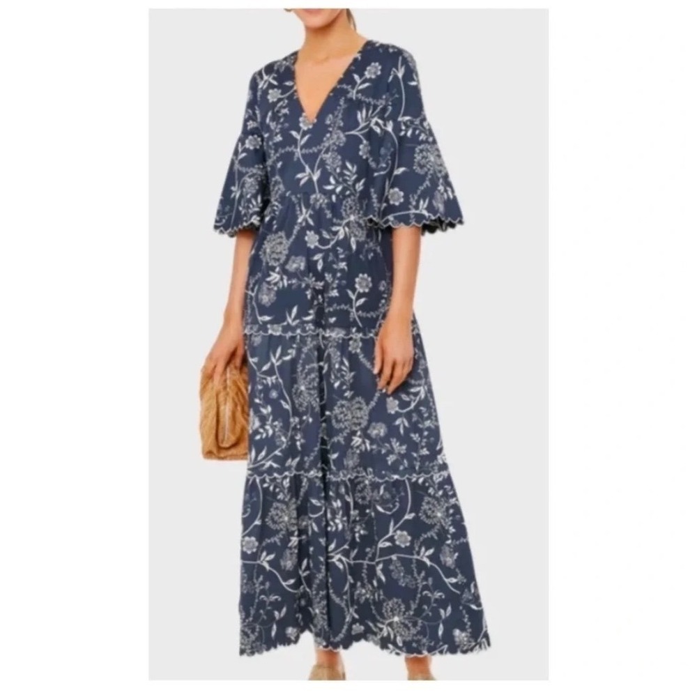 Tuckernuck Navy White Floral Scalloped Tiered Maxi Dress Womens Medium - Picture 9 of 9